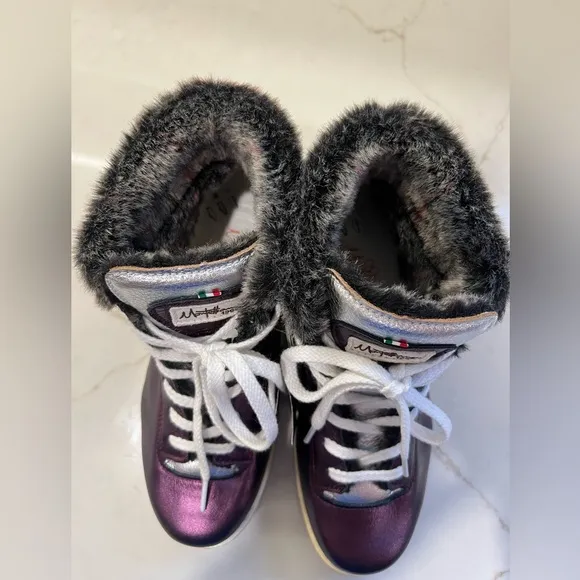 🆕 La Montelliana Italian Leather Boots Fur Lined Purple Silver Metallic Sz. 38 7