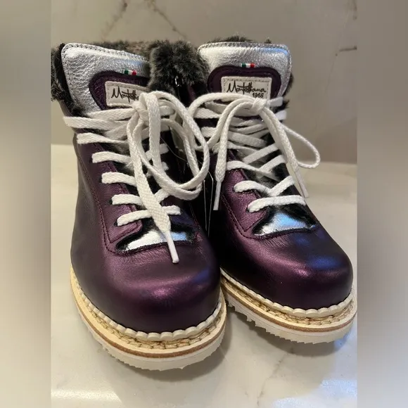 🆕 La Montelliana Italian Leather Boots Fur Lined Purple Silver Metallic Sz. 38 7