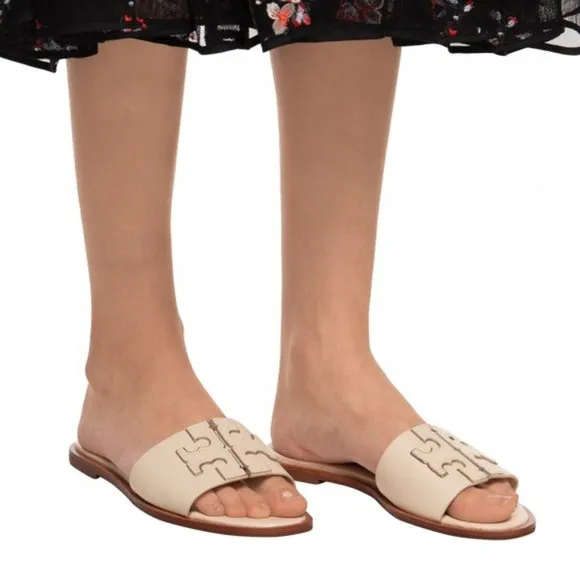 ❤️ NIB Tory Burch Ines Logo Slide Leather Sandal Ivory Off White US 7.5 8 8.5 9