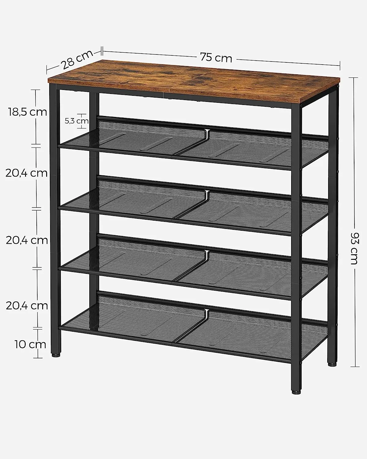 5 Tier Shoe Rack With Mesh Shelves