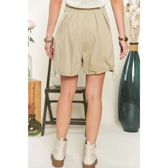 ADORA High Waisted Drawstring Relaxed Fit Wide Leg Cargo Pockets Shorts | Khaki
