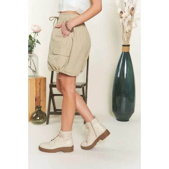ADORA High Waisted Drawstring Relaxed Fit Wide Leg Cargo Pockets Shorts | Khaki
