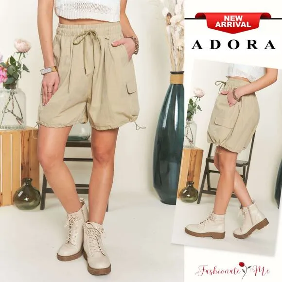 ADORA High Waisted Drawstring Relaxed Fit Wide Leg Cargo Pockets Shorts | Khaki