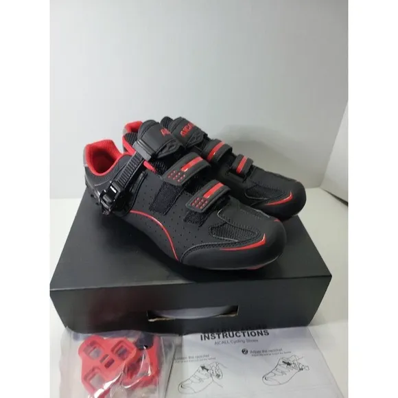 Aicall Mens Cycling shoes Narrow Fit Delta Cleats Black‎ Red Color Size 9 New.