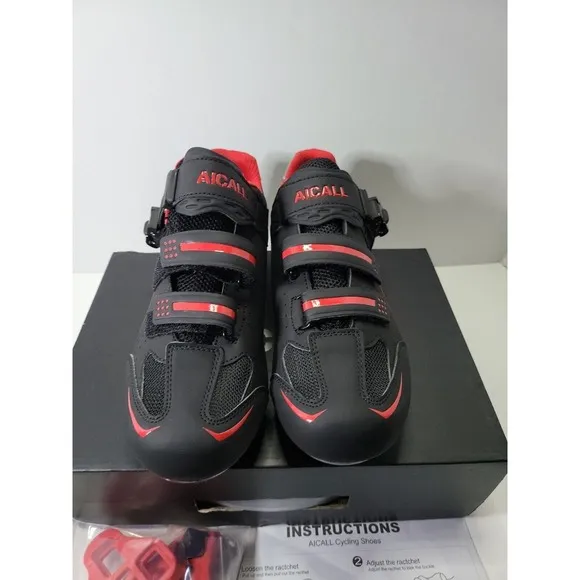 Aicall Mens Cycling shoes Narrow Fit Delta Cleats Black‎ Red Color Size 9 New.
