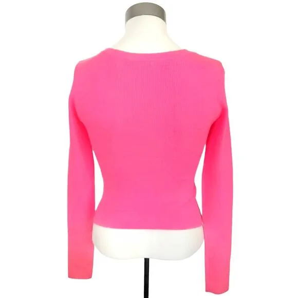 ALICE   OLIVIA hot neon pink ribbed knit fitted long sleeve sweater top Size XS