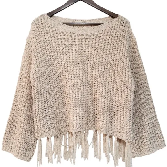 Altar’d State Sweater Tassel Fringe Boxy Chunky Oversized Tan Beige Size Medium