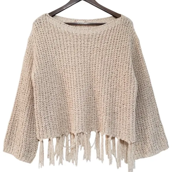 Altar’d State Sweater Tassel Fringe Boxy Chunky Oversized Tan Beige Size Medium