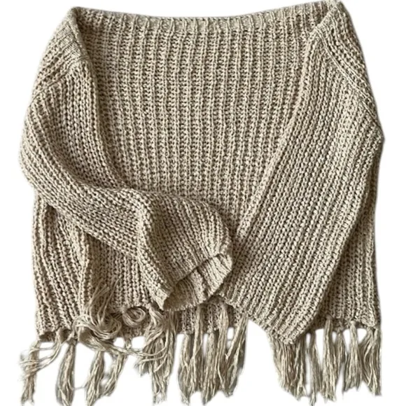 Altar’d State Sweater Tassel Fringe Boxy Chunky Oversized Tan Beige Size Medium