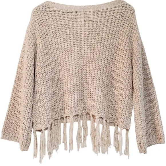 Altar’d State Sweater Tassel Fringe Boxy Chunky Oversized Tan Beige Size Medium