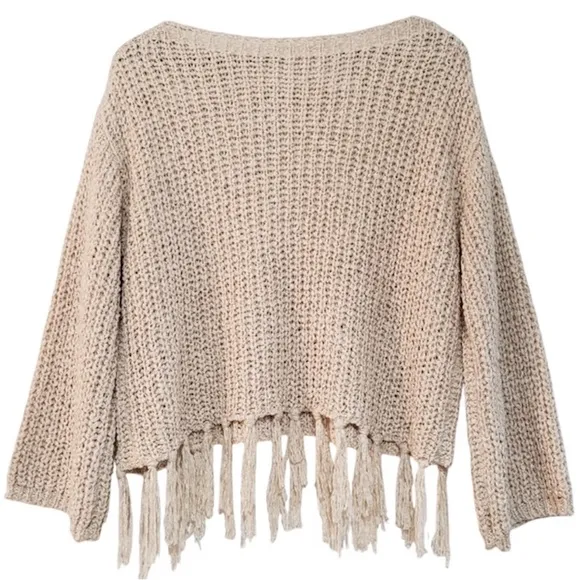 Altar’d State Sweater Tassel Fringe Boxy Chunky Oversized Tan Beige Size Medium