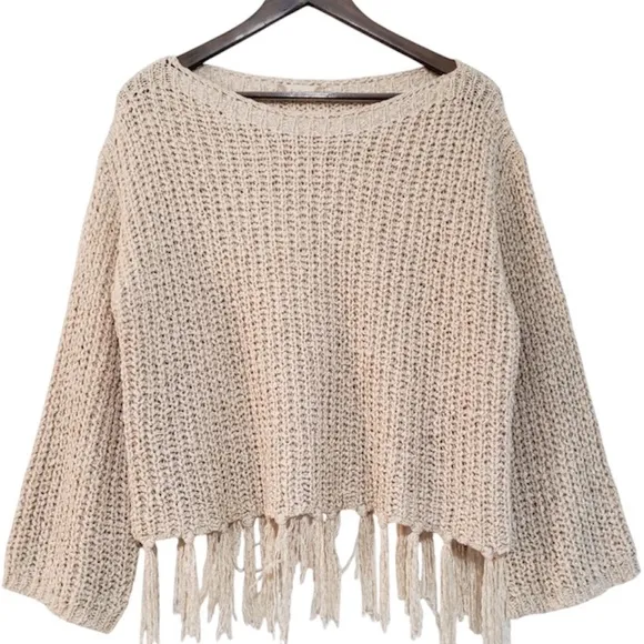 Altar’d State Sweater Tassel Fringe Boxy Chunky Oversized Tan Beige Size Medium