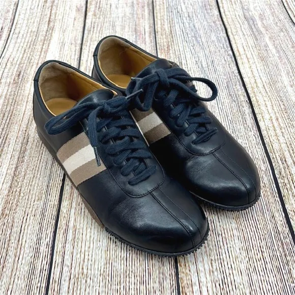 Bally Free Women's 5.5 Black Leather Trainer Stripe Low Top Sneakers