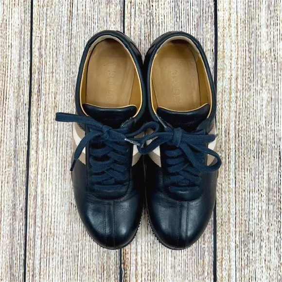 Bally Free Women's 5.5 Black Leather Trainer Stripe Low Top Sneakers
