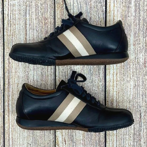 Bally Free Women's 5.5 Black Leather Trainer Stripe Low Top Sneakers