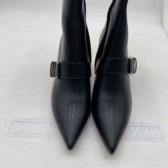 Black Mid Heel Pointed Toe Comfortable Metallic Buckle Side Zipper Ankle Boots