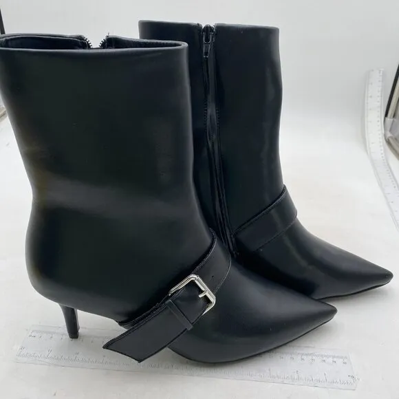 Black Mid Heel Pointed Toe Comfortable Metallic Buckle Side Zipper Ankle Boots