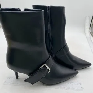Black Mid Heel Pointed Toe Comfortable Metallic Buckle Side Zipper Ankle Boots