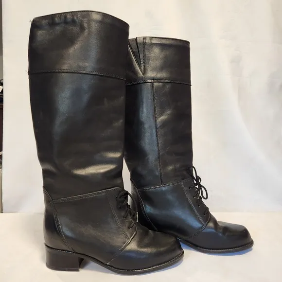 Blondo Leather Riding Boots Oxford Lace Up Knee High Size 6.5 Black Waterproof
