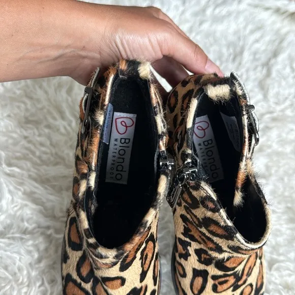 Blondo Tami Leopard Calf Hair Heeled Booties/Boots Sz 7 Waterproof Black Brown