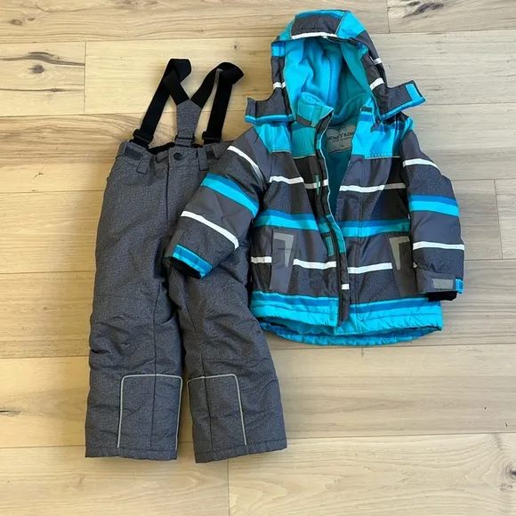 Boys 2 Piece Snowsuit Weatherproof Snow Jacket &amp; Pants Set Blue Stripe Size 4