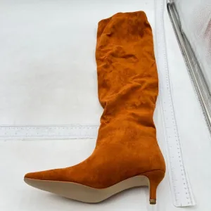 Brown Women Comfortable Low Heel Pull on Stylish Knee High Boots Square Toe Boot