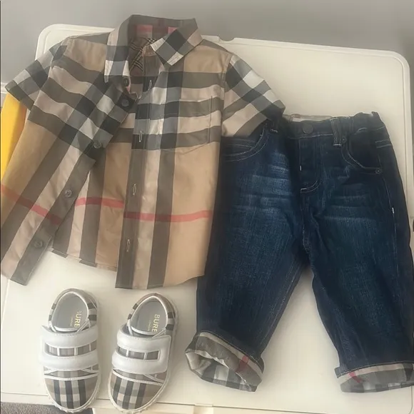 Burberry Kids Plaid Shirt and Denim Jeans Set