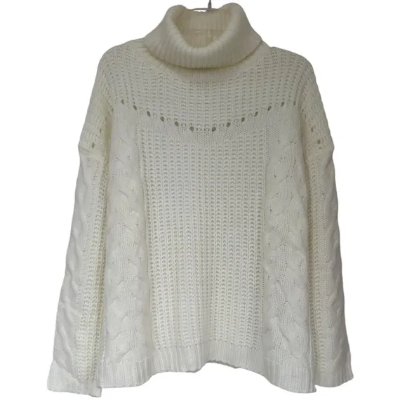 Cable Knit Turtleneck Sweater Soft Neutral Oversized Slouchy Ivory Size Medium