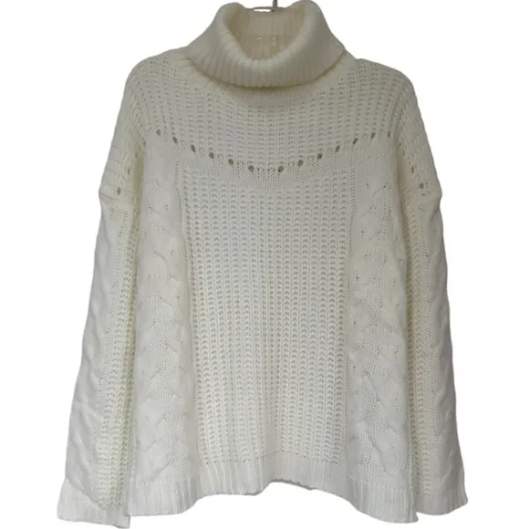Cable Knit Turtleneck Sweater Soft Neutral Oversized Slouchy Ivory Size Medium