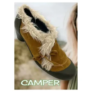 CAMPER Minie Musgo Tan  Suede  Faux Fur Trim and Bow Shoe Size 10 NWB