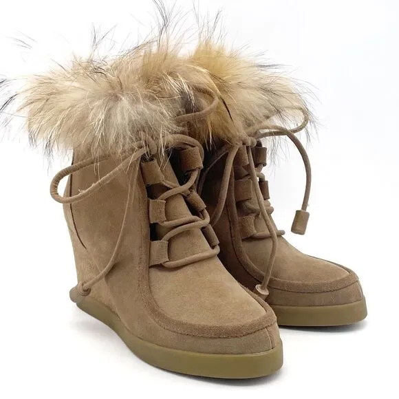 Cecelia New York Holly Wedge Bootie Chestnut Suede Fox Fur Lace Up Boot Size 9