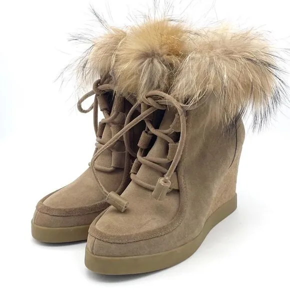 Cecelia New York Holly Wedge Bootie Chestnut Suede Fox Fur Lace Up Boot Size 9
