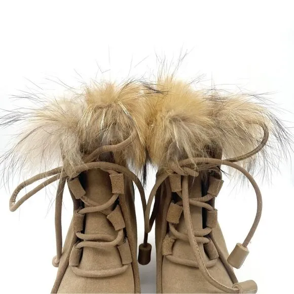 Cecelia New York Holly Wedge Bootie Chestnut Suede Fox Fur Lace Up Boot Size 9