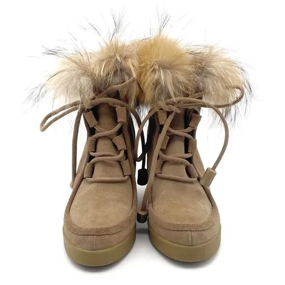 Cecelia New York Holly Wedge Bootie Chestnut Suede Fox Fur Lace Up Boot Size 9