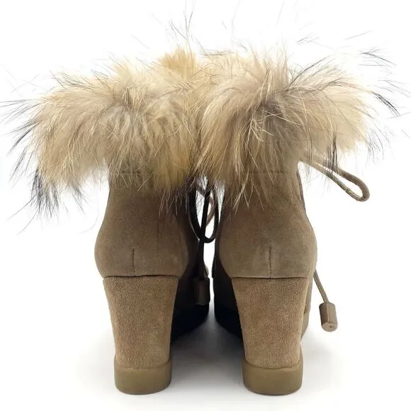 Cecelia New York Holly Wedge Bootie Chestnut Suede Fox Fur Lace Up Boot Size 9
