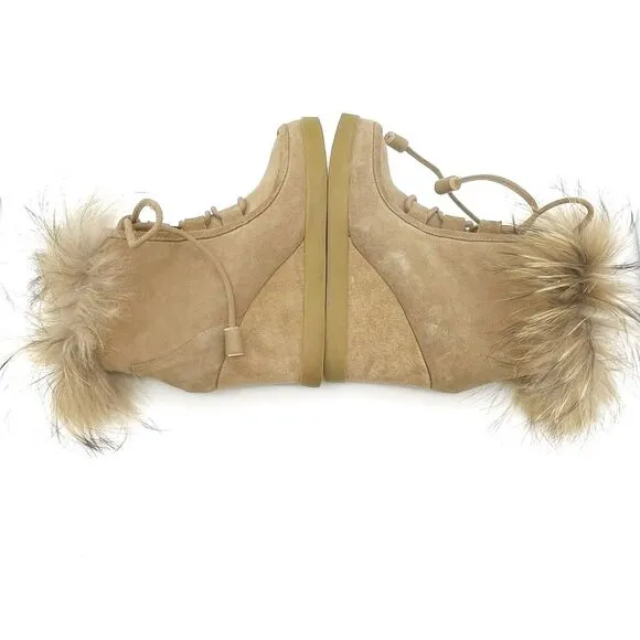 Cecelia New York Holly Wedge Bootie Chestnut Suede Fox Fur Lace Up Boot Size 9