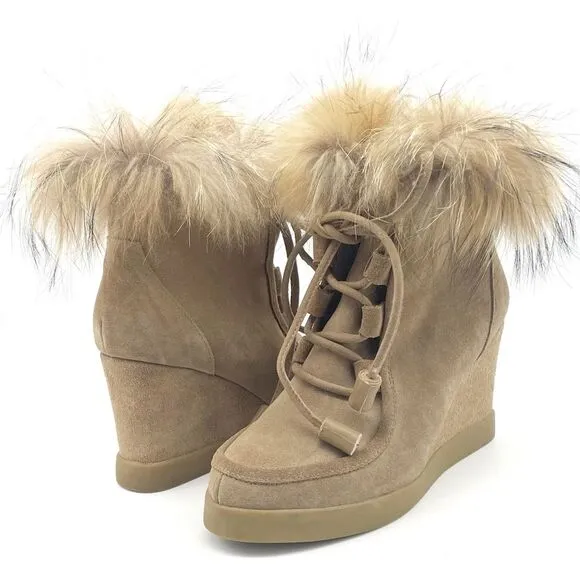 Cecelia New York Holly Wedge Bootie Chestnut Suede Fox Fur Lace Up Boot Size 9