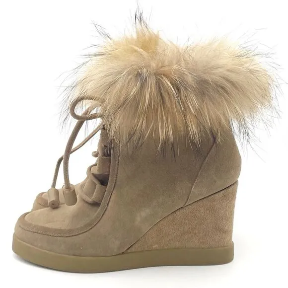 Cecelia New York Holly Wedge Bootie Chestnut Suede Fox Fur Lace Up Boot Size 9