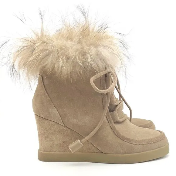 Cecelia New York Holly Wedge Bootie Chestnut Suede Fox Fur Lace Up Boot Size 9
