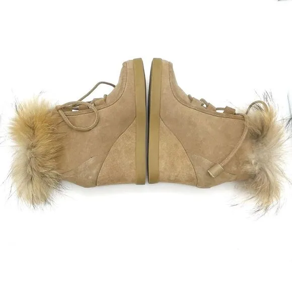 Cecelia New York Holly Wedge Bootie Chestnut Suede Fox Fur Lace Up Boot Size 9