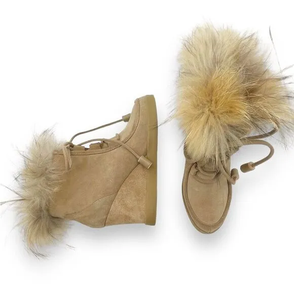 Cecelia New York Holly Wedge Bootie Chestnut Suede Fox Fur Lace Up Boot Size 9