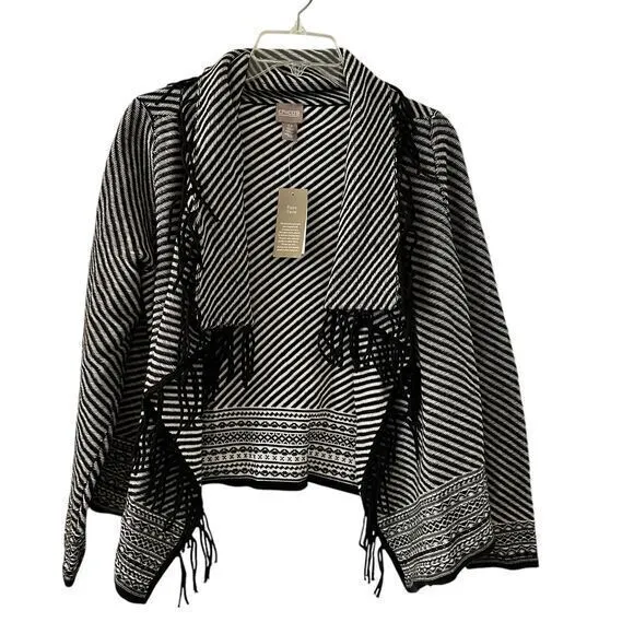 Chicos Ski Trails Demi Jacquard Black White Open Cardigan Tassles Size 0 - XS