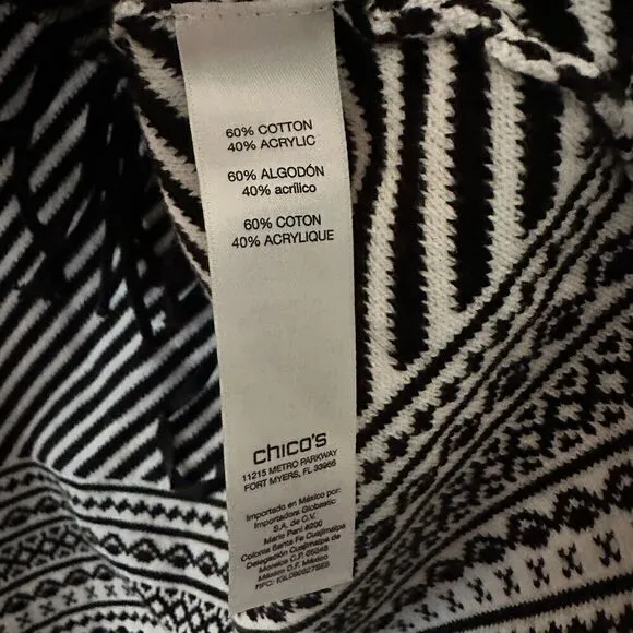Chicos Ski Trails Demi Jacquard Black White Open Cardigan Tassles Size 0 - XS
