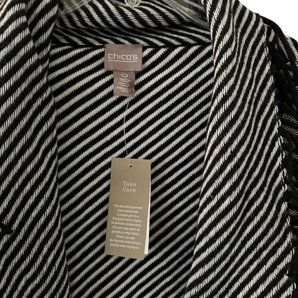 Chicos Ski Trails Demi Jacquard Black White Open Cardigan Tassles Size 0 - XS