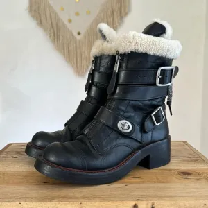 Coach Black Leather White Shearling Silver Hardware Zip Moto Biker Boot Size 7