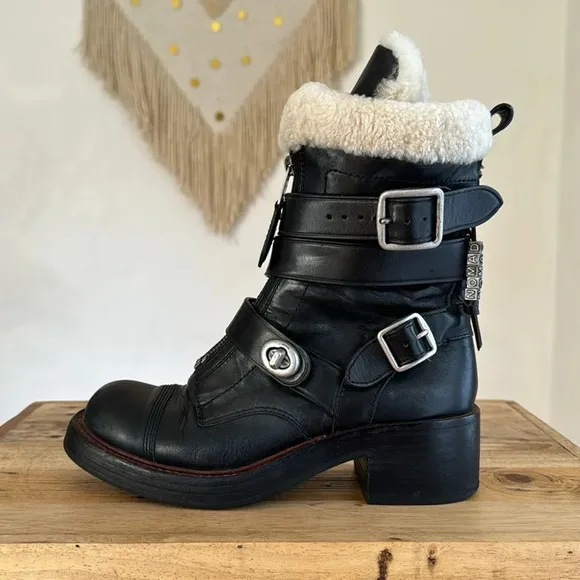 Coach Black Leather White Shearling Silver Hardware Zip Moto Biker Boot Size 7