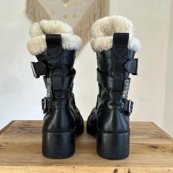Coach Black Leather White Shearling Silver Hardware Zip Moto Biker Boot Size 7