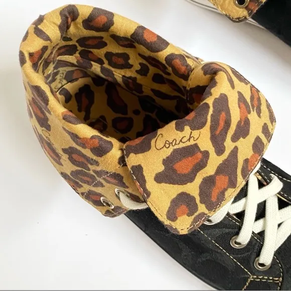 COACH BONNEY BLACK C LOGO CANVAS HIGH TOP SNEAKERS FOLD DOWN LEOPARD INSIDE