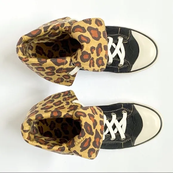 COACH BONNEY BLACK C LOGO CANVAS HIGH TOP SNEAKERS FOLD DOWN LEOPARD INSIDE