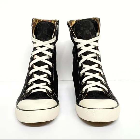 COACH BONNEY BLACK C LOGO CANVAS HIGH TOP SNEAKERS FOLD DOWN LEOPARD INSIDE